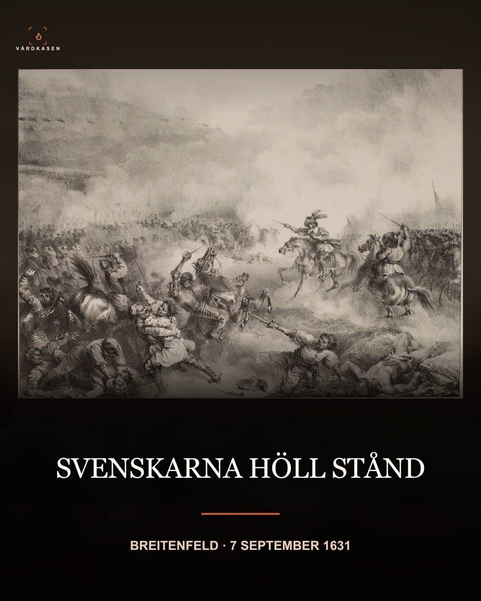 Senare skildring av slaget vid Breitenfeld efter Carl Wahlbom, Gjöthström & Magnusson. Museiverket i Finland via Europeana/Wikimedia Commons. CC BY 4.0; bearbetad med toning, beskärning och text.
