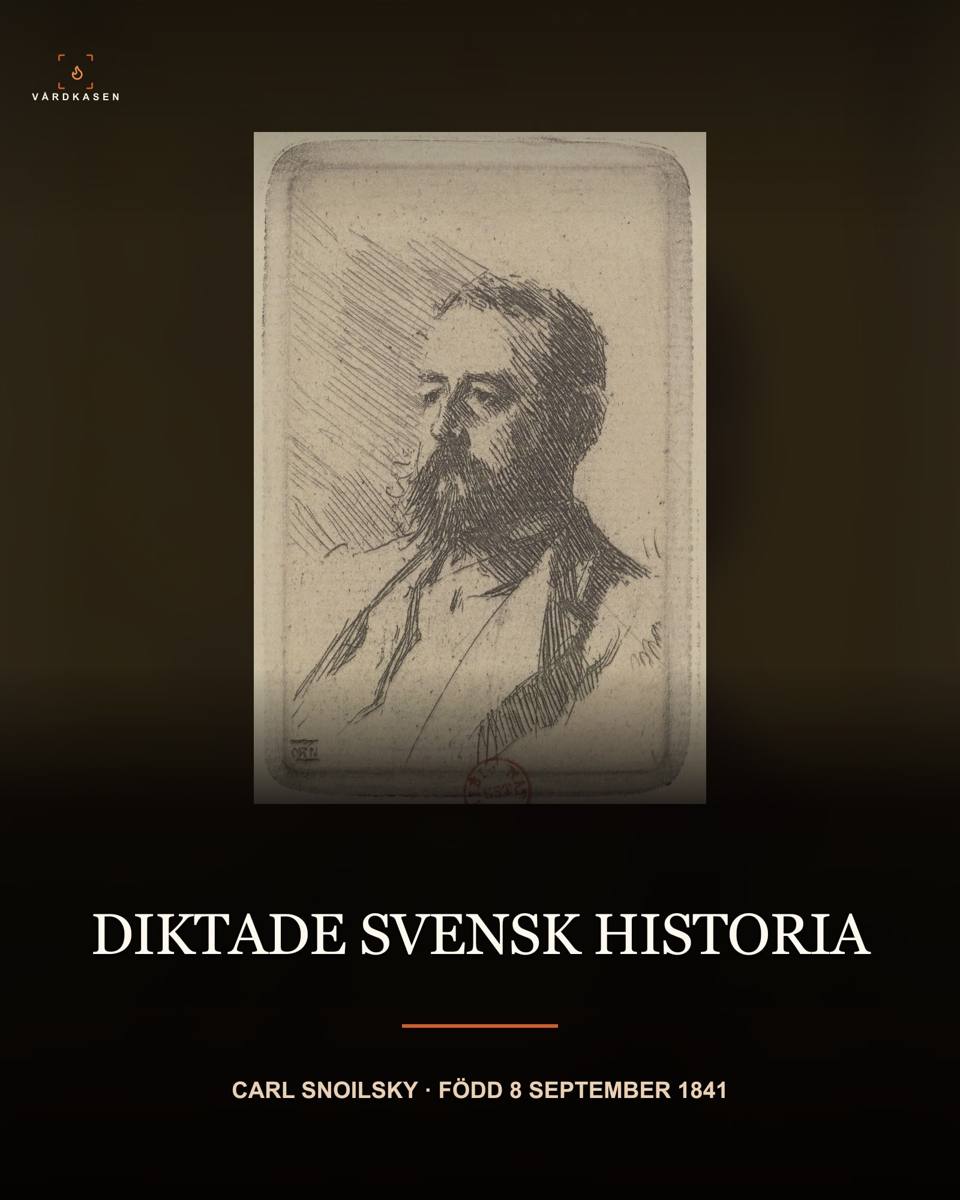 Carl Snoilsky, etsning av Anders Zorn, 1888, andra tillståndet. Bibliothèque nationale de France via Wikimedia Commons; public domain enligt Commons. Beskuren och tonad med text.