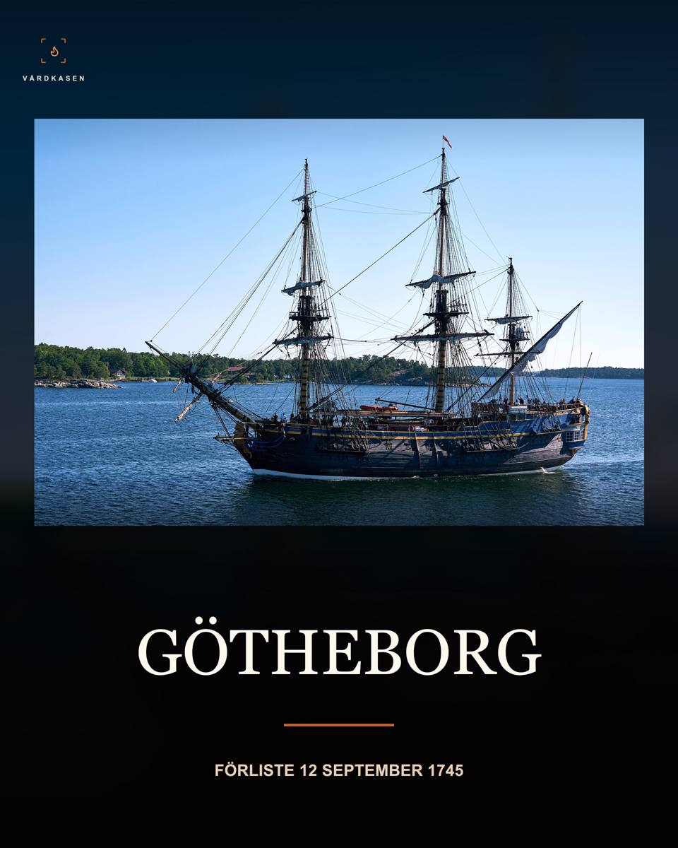 Den moderna repliken Götheborg i Stockholms skärgård 2018, inte originalskeppet 1745. Foto Virtual-Pano/Wikimedia Commons. CC BY-SA 4.0 https://creativecommons.org/licenses/by-sa/4.0/. Skalning och text, samma licens.