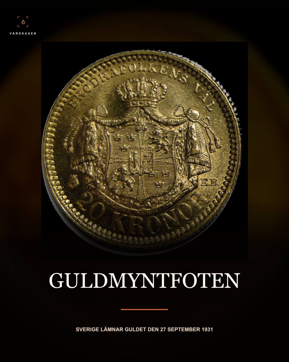 Svenskt tjugokronorsmynt från den skandinaviska myntunionens tid. Foto: Anonimski, 2013, CC0 1.0, https://creativecommons.org/publicdomain/zero/1.0/, via Wikimedia Commons. Beskärning till det svenska myntet, storleksanpassning, läsbarhetsgradienter och textöverlägg. Illustrerar guldmyntfoten, inte beslutsdagen 1931. Ingen AI-restaurering.