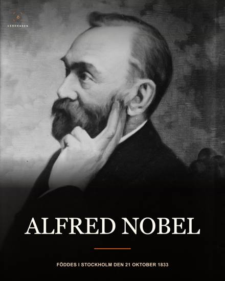Alfred Nobel, äldre porträtt reproducerat av Bain News Service. Library of Congress, George Grantham Bain Collection, ggbain.17492, enligt Wikimedia Commons. Ursprunglig fotograf och porträttdatum ej fastställda; Commons daterar reproduktionsmaterialet till 1910. Exakt digitalfil: A. Nobel LCCN2014697754.jpg, public domain / Public Domain Mark 1.0; LoC:s uppgift om inga kända publiceringsrestriktioner återgiven av Commons. Beskärning, storleksändring, toningar och typografi av Vårdkasen.