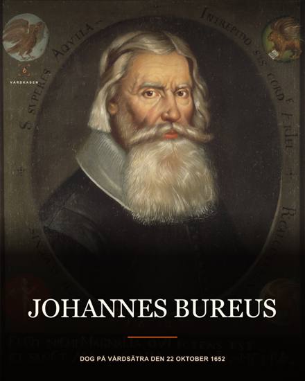 Johannes Bureus, porträtt daterat 1627, signerat J. L. Nationalmuseum/Gripsholms porträttsamling enligt Wikimedia Commons. Exakt digitalfil Johannes Bureus (1627).jpg, public domain, PD-Art och Public Domain Mark 1.0. Beskärning, storleksändring, toningar och typografi av Vårdkasen.