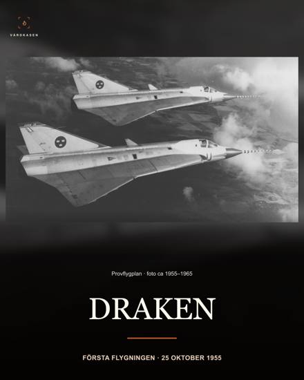 Två provflygplan Saab 35 Draken i roteformation, cirka 1955–1965. Okänd fotograf/Flygvapenmuseum, FVMF.002792. Public Domain Mark 1.0; Commons PD-Sweden. Beskärning, skalning, toningar och typografi: Vårdkasen. Bilden är inte belagd som premiärflygningen 25 oktober 1955.