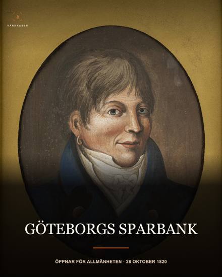 Porträtt av Eduard Ludendorff, initiativtagare till Göteborgs sparbank. Bild: Ekonomiska museet/SHM, EKM_DIG40741, Public Domain Mark (PDM). Konstnär och tillkomstår inte angivna av museet. Skalning, beskärning, toningar och typografi: Vårdkasen.