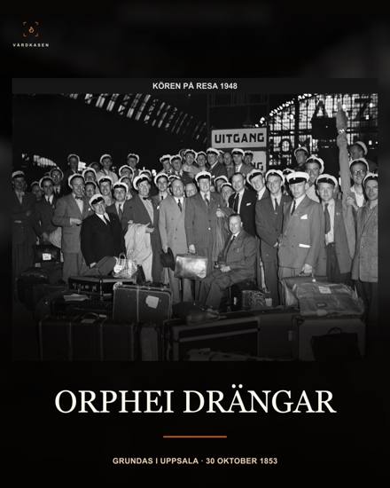 Orphei Drängar vid ankomst i Nederländerna den 14 juni 1948, med studentmössor och bagage. J.D. Noske/Anefo, Nationaal Archief, 902-7990, CC0 1.0 via Wikimedia Commons. Inte grundarkvällen 1853. Skalning, toningar och typografi: Vårdkasen.