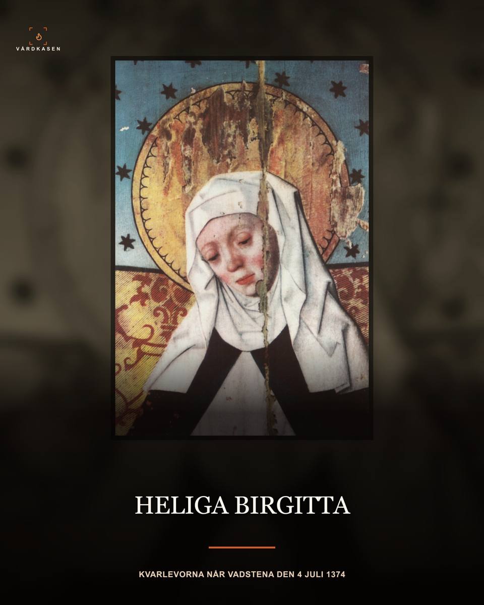 Heliga Birgitta avbildad på altarskåp från Salems kyrka, använt för Dagens Datum om kvarlevornas ankomst till Vadstena den 4 juli 1374
