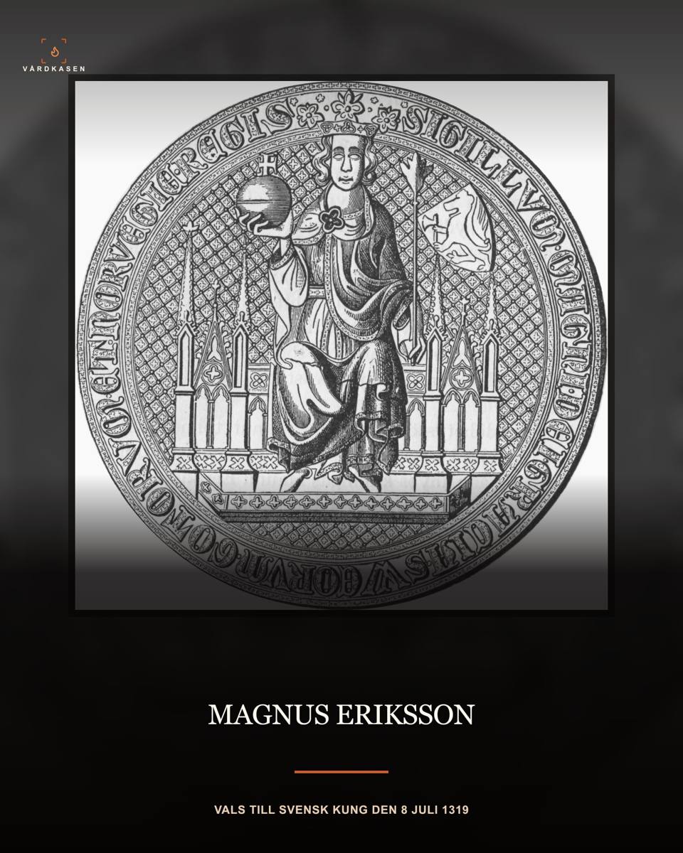 Kung Magnus Erikssons domsigill från 1300-talet, med kungen tronande med riksäpple och fana.