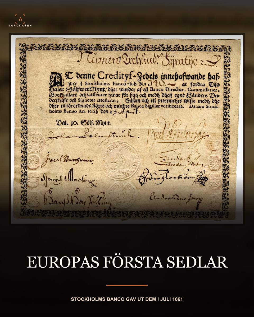 Palmstruchska bankens kreditivsedel om 10 daler silvermynt från 1666, med tryckt text, sigill och handskrivna underskrifter.
