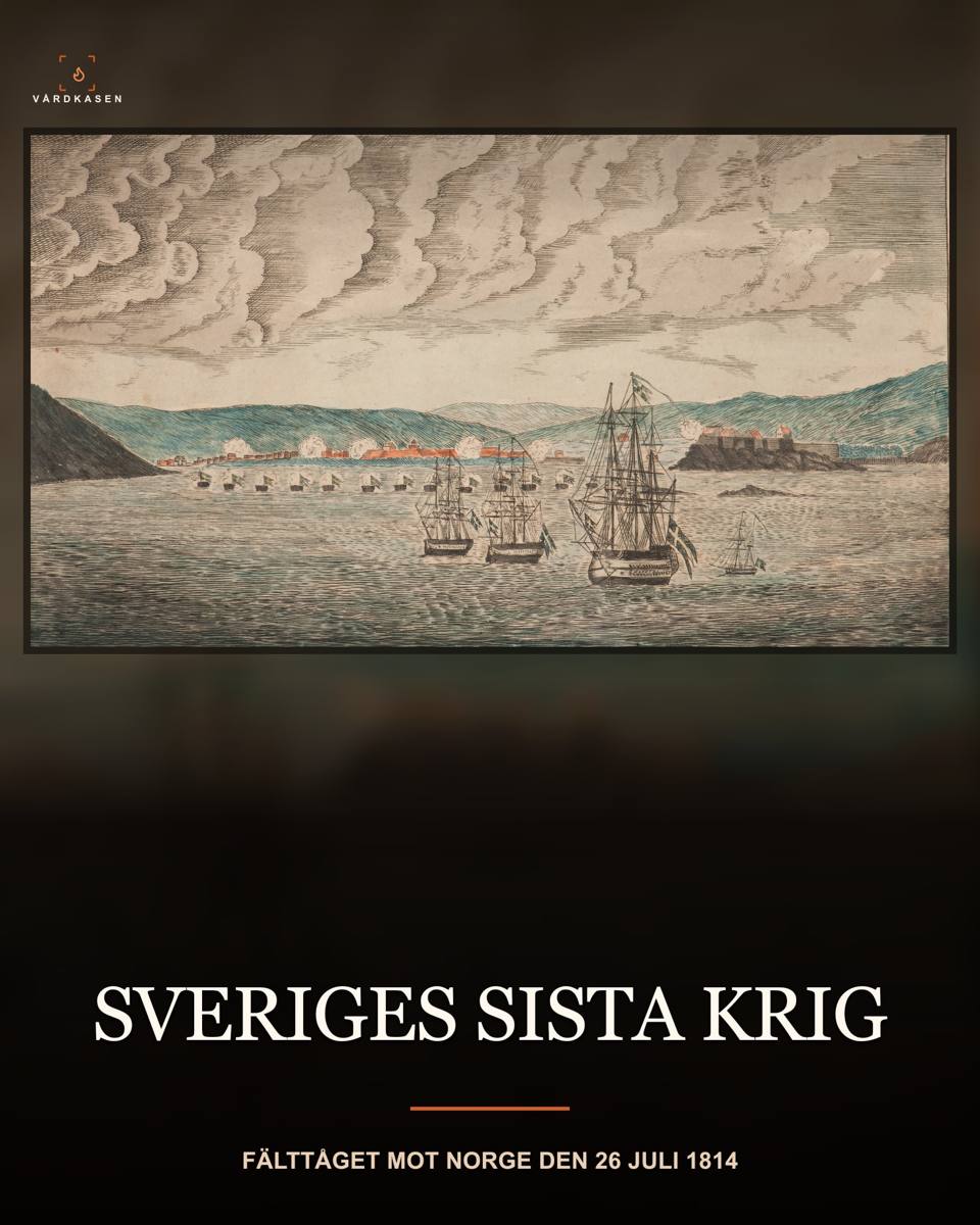 Historisk målning av svenska örlogsfartyg och trupper under anfallet mot Fredrikstad i Norge 1814