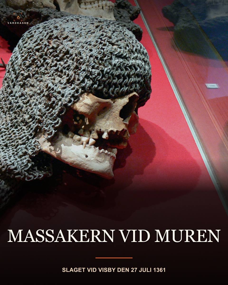 Kranium med bevarad ringbrynjehuva från en gotlänning som dödades under slaget vid Visby 1361.