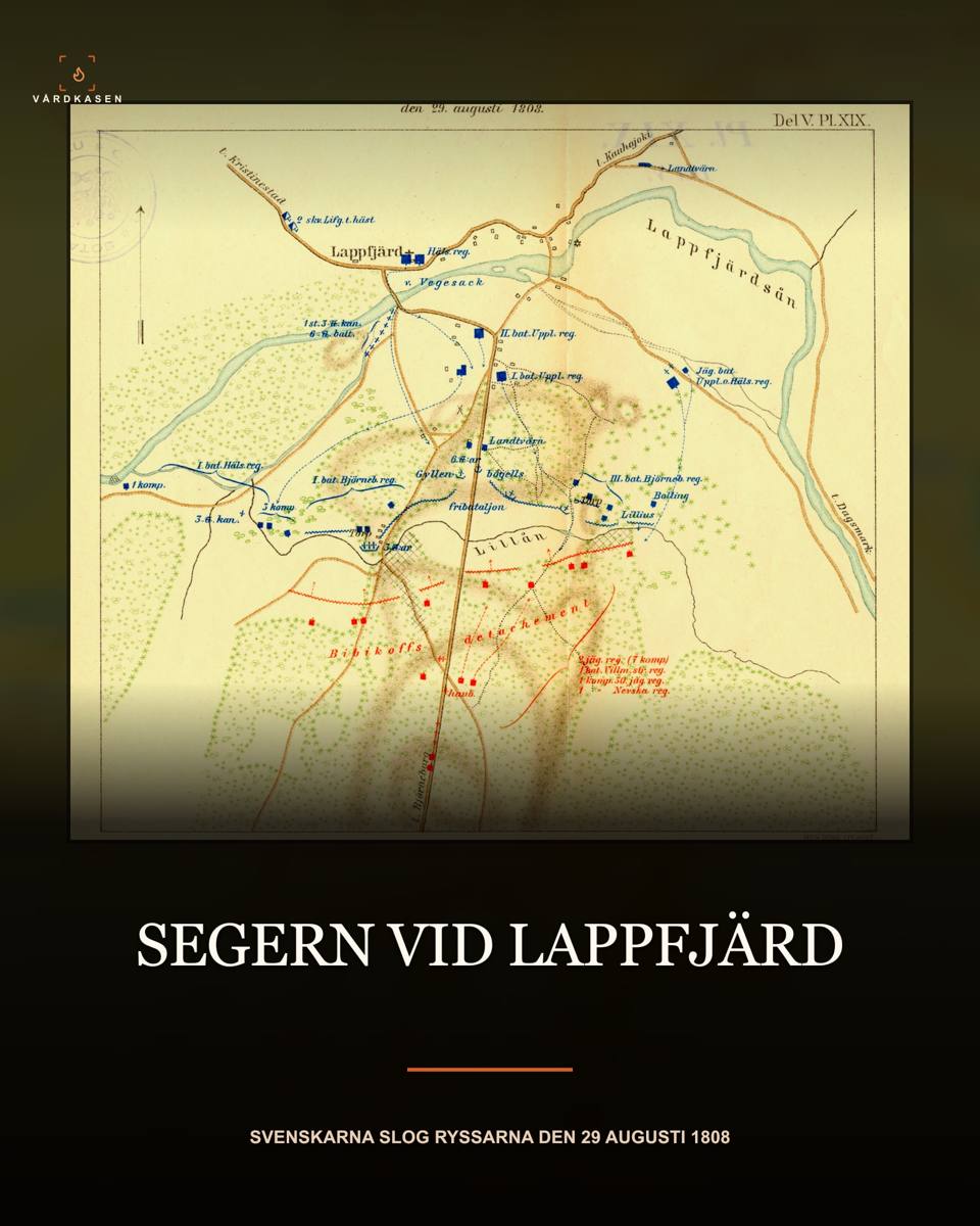 Historisk militärkarta över svenska och ryska truppers ställningar vid Lappfjärd den 29 augusti 1808.