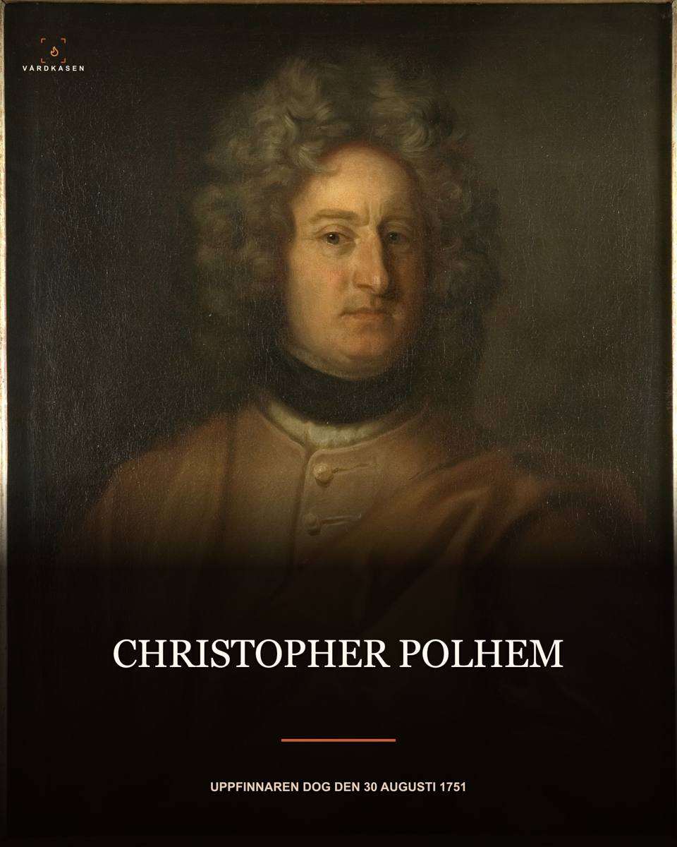 Christopher Polhem i grå peruk och brun rock, porträtterad i en målning tillskriven David von Krafft.