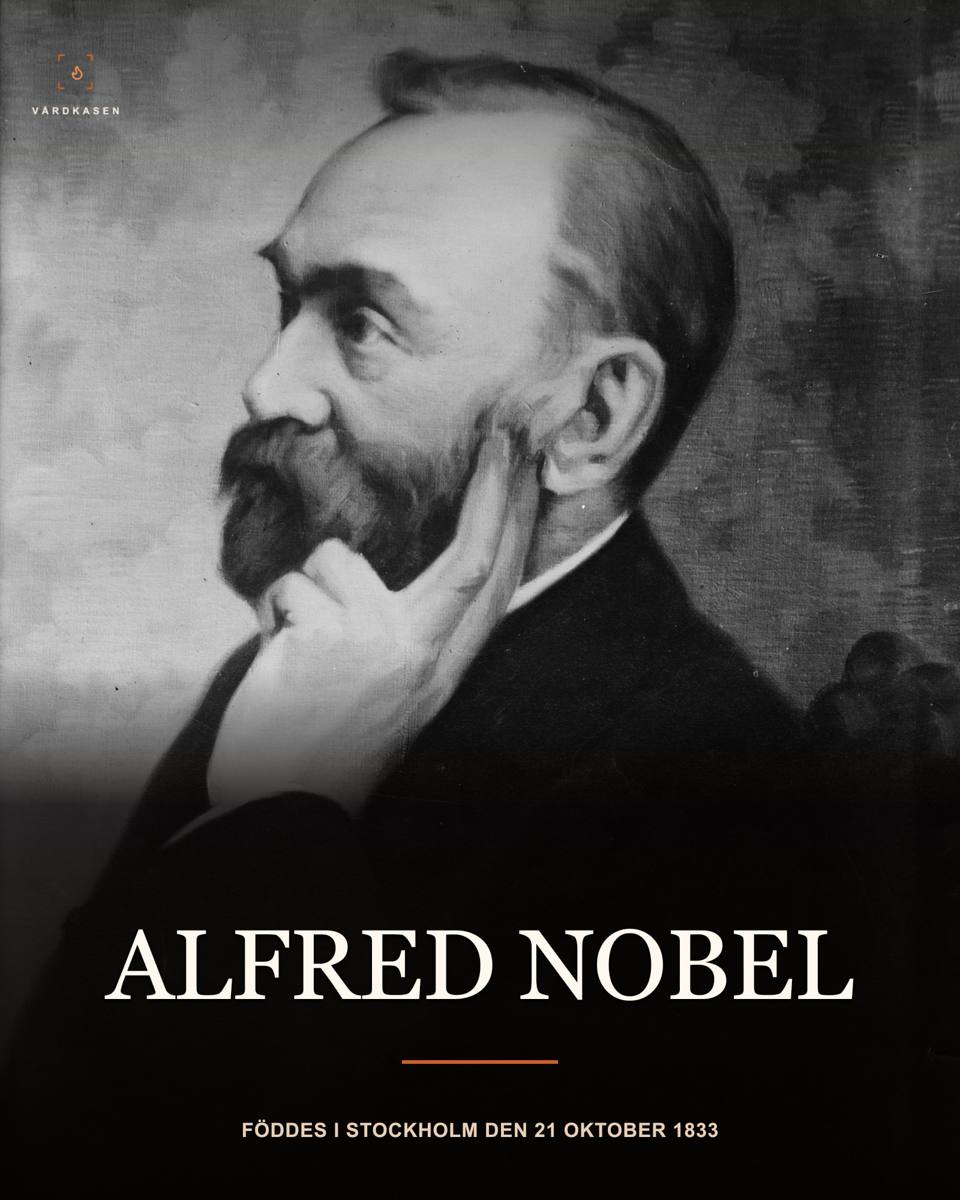 Alfred Nobel, äldre porträtt reproducerat av Bain News Service. Library of Congress, George Grantham Bain Collection, ggbain.17492, enligt Wikimedia Commons. Ursprunglig fotograf och porträttdatum ej fastställda; Commons daterar reproduktionsmaterialet till 1910. Exakt digitalfil: A. Nobel LCCN2014697754.jpg, public domain / Public Domain Mark 1.0; LoC:s uppgift om inga kända publiceringsrestriktioner återgiven av Commons. Beskärning, storleksändring, toningar och typografi av Vårdkasen.
