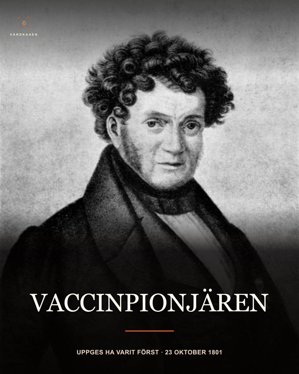 Eberhard Zacharias Munck af Rosenschöld, grafiskt porträtt av Magnus Körner före 1864. Reproduktion ur Alf Åbergs Ramlösa (1957) enligt Commons; exakt fil Eberhard Munck af Rosenschöld.jpg. Public domain, PD-Art och Public Domain Mark 1.0. Storleksändring, toningar och typografi av Vårdkasen. Porträttet visar inte vaccinationen 1801; hans förstaplats är omstridd.