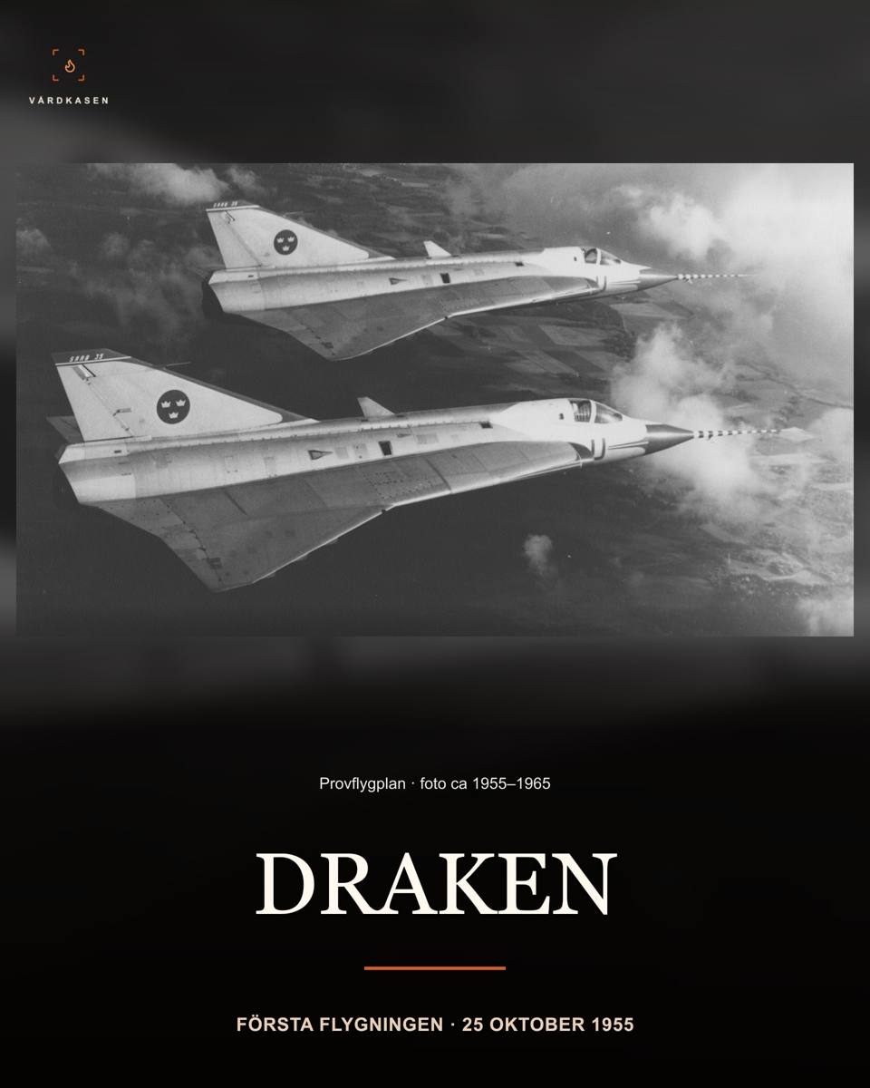 Två provflygplan Saab 35 Draken i roteformation, cirka 1955–1965. Okänd fotograf/Flygvapenmuseum, FVMF.002792. Public Domain Mark 1.0; Commons PD-Sweden. Beskärning, skalning, toningar och typografi: Vårdkasen. Bilden är inte belagd som premiärflygningen 25 oktober 1955.
