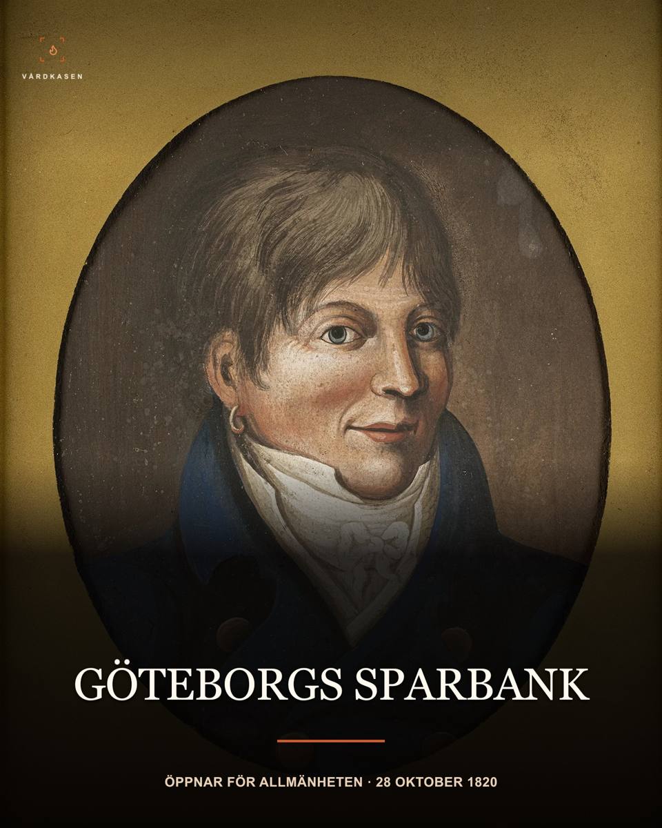 Porträtt av Eduard Ludendorff, initiativtagare till Göteborgs sparbank. Bild: Ekonomiska museet/SHM, EKM_DIG40741, Public Domain Mark (PDM). Konstnär och tillkomstår inte angivna av museet. Skalning, beskärning, toningar och typografi: Vårdkasen.
